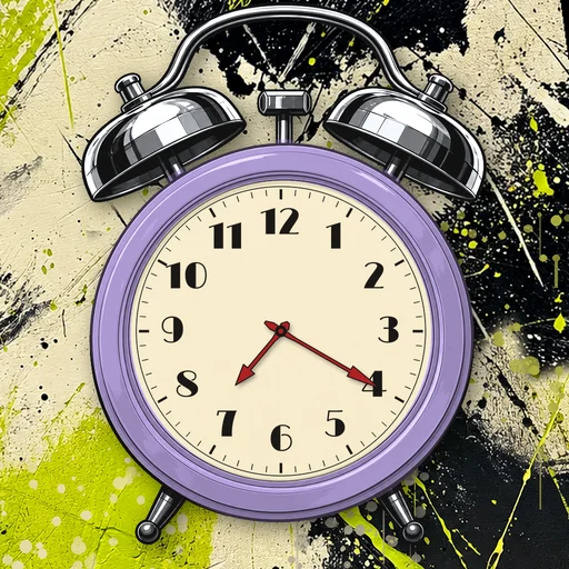 Twin-bell alarm clock in enamel lavender, cream dial, on an abstract ink background
