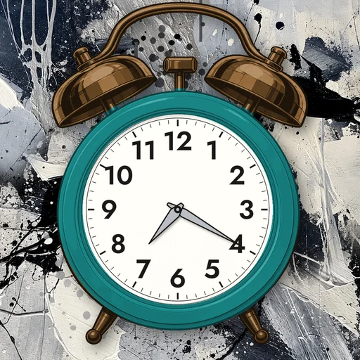 Twin-bell alarm clock in ceramic teal, white dial, on an abstract ink background