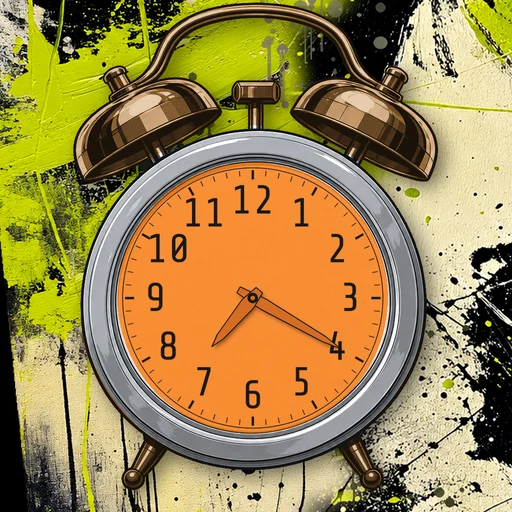 Twin-bell alarm clock in chrome silver, orange dial, on an abstract ink background