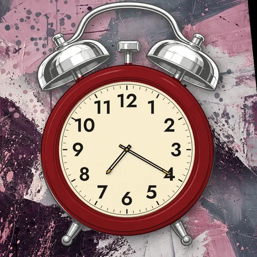 Twin-bell alarm clock in ceramic deep red, cream dial, on an abstract ink background
