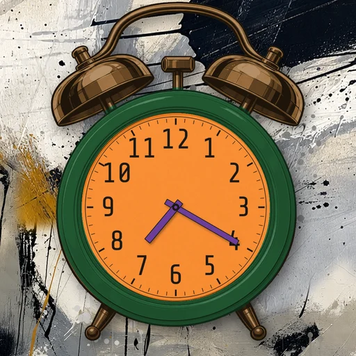Twin-bell alarm clock in ceramic forest green, orange dial, on an abstract ink background