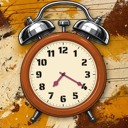 Twin-bell alarm clock in enamel burnt orange, cream dial, on an abstract ink background