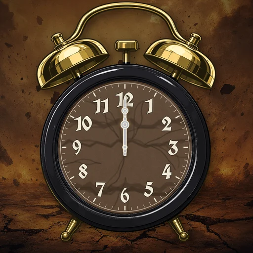 Twin-bell alarm clock in chrome black, earth dial, on a matching earth scene