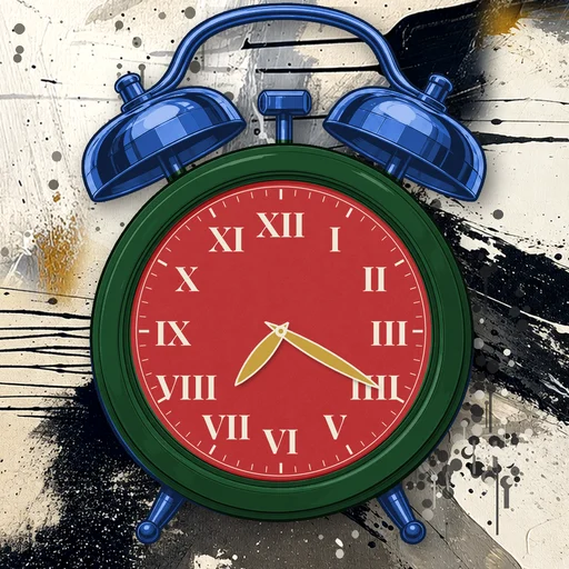 Twin-bell alarm clock in brushed metal forest green, red dial, on an abstract ink background