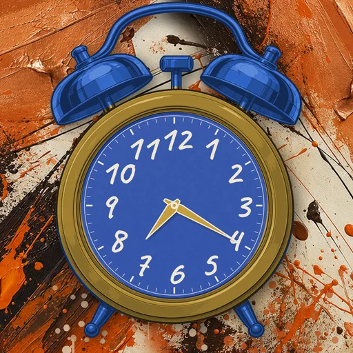 Twin-bell alarm clock in brushed metal gold, blue dial, on an abstract ink background