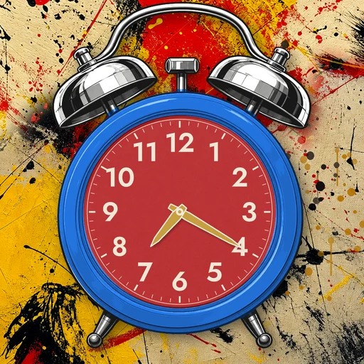 Twin-bell alarm clock in enamel electric blue, red dial, on an abstract ink background