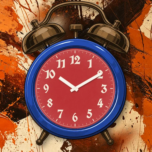 Twin-bell alarm clock in chrome cobalt blue, red dial, on an abstract ink background