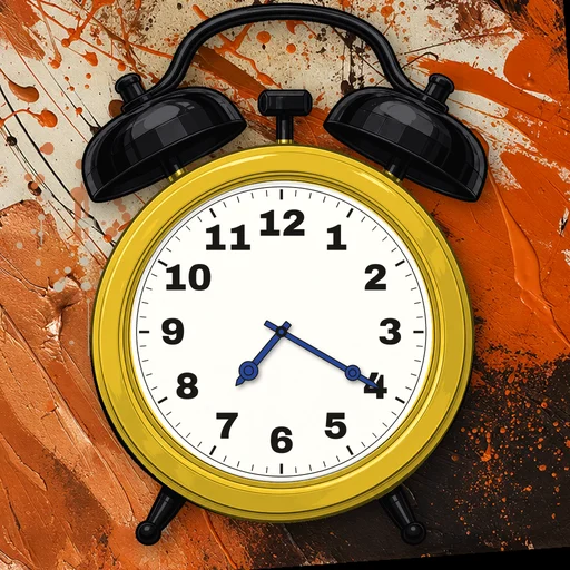Twin-bell alarm clock in enamel yellow, white dial, on an abstract ink background