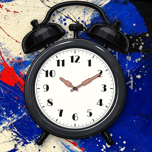Twin-bell alarm clock in chrome charcoal, white dial, on an abstract ink background