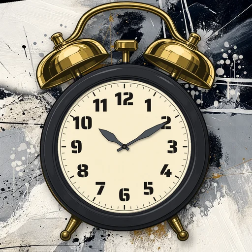 Twin-bell alarm clock in brushed metal charcoal, cream dial, on an abstract ink background