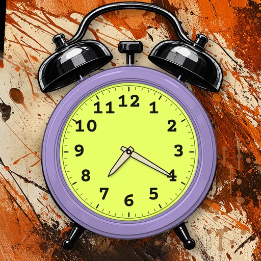 Twin-bell alarm clock in ceramic lavender, lime dial, on an abstract ink background