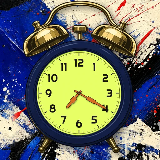 Twin-bell alarm clock in brushed metal navy, lime dial, on an abstract ink background