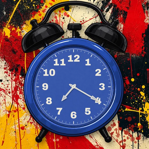 Twin-bell alarm clock in chrome cobalt blue, blue dial, on an abstract ink background