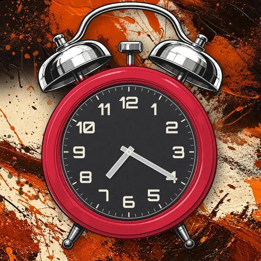 Twin-bell alarm clock in enamel cherry red, black dial, on an abstract ink background
