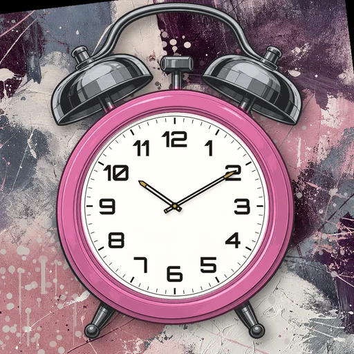 Twin-bell alarm clock in enamel pink, white dial, on an abstract ink background