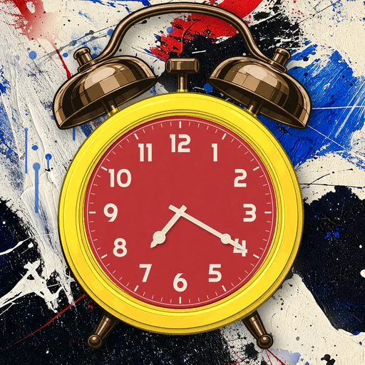 Twin-bell alarm clock in translucent jelly yellow, red dial, on an abstract ink background