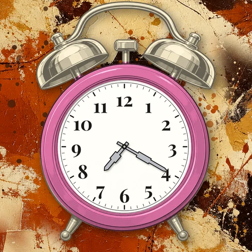 Twin-bell alarm clock in enamel pink, white dial, on an abstract ink background
