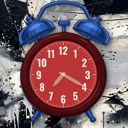 Twin-bell alarm clock in carbon fiber deep red, red dial, on an abstract ink background
