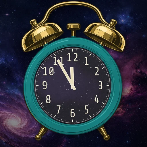 Twin-bell alarm clock in ceramic teal, cosmic dial, on a matching cosmic scene