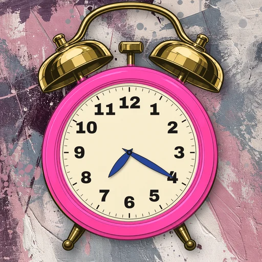 Twin-bell alarm clock in translucent jelly hot pink, cream dial, on an abstract ink background