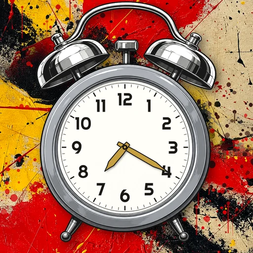 Twin-bell alarm clock in chrome silver, white dial, on an abstract ink background
