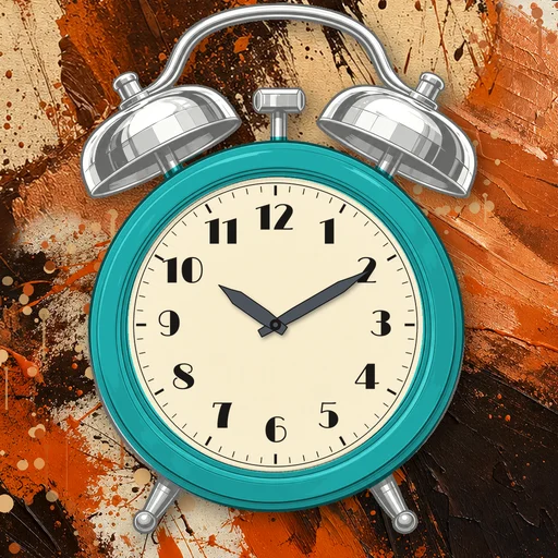 Twin-bell alarm clock in translucent jelly teal, cream dial, on an abstract ink background