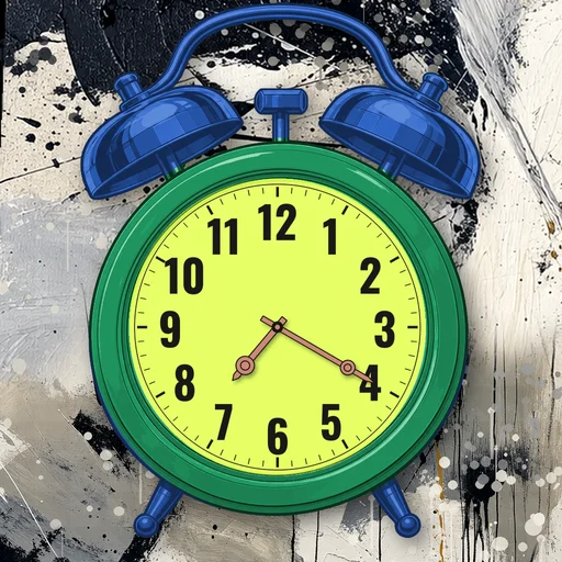 Twin-bell alarm clock in enamel emerald, lime dial, on an abstract ink background