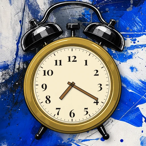 Twin-bell alarm clock in gold gold, cream dial, on an abstract ink background