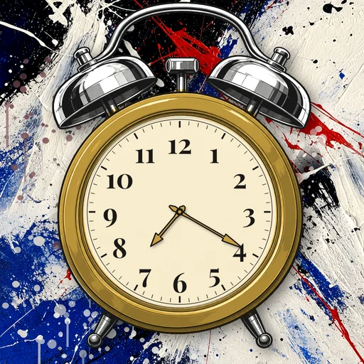 Twin-bell alarm clock in gold gold, cream dial, on an abstract ink background