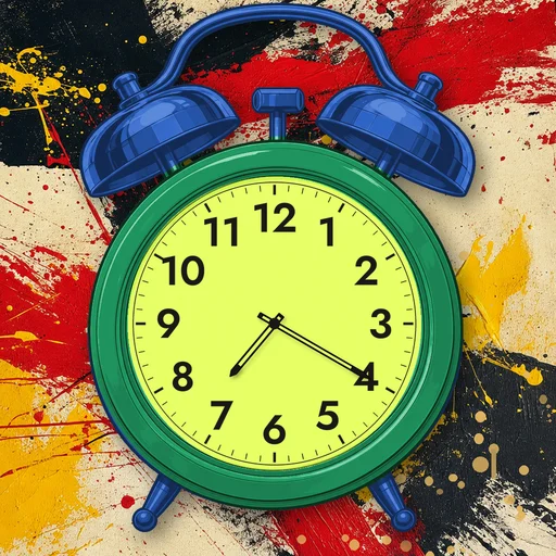 Twin-bell alarm clock in enamel emerald, lime dial, on an abstract ink background