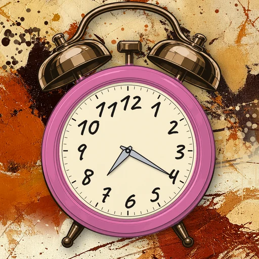 Twin-bell alarm clock in ceramic pink, cream dial, on an abstract ink background