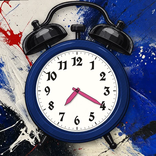 Twin-bell alarm clock in carbon fiber cobalt blue, white dial, on an abstract ink background