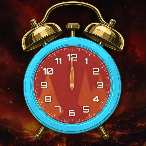 Twin-bell alarm clock in translucent jelly cyan, fire dial, on a matching fire scene