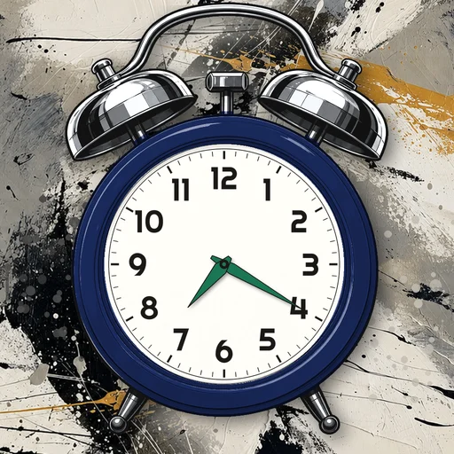 Twin-bell alarm clock in enamel navy, white dial, on an abstract ink background