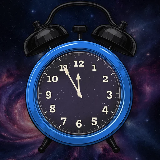 Twin-bell alarm clock in chrome electric blue, cosmic dial, on a matching cosmic scene