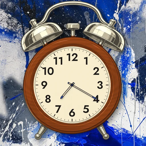 Twin-bell alarm clock in wood burnt orange, cream dial, on an abstract ink background