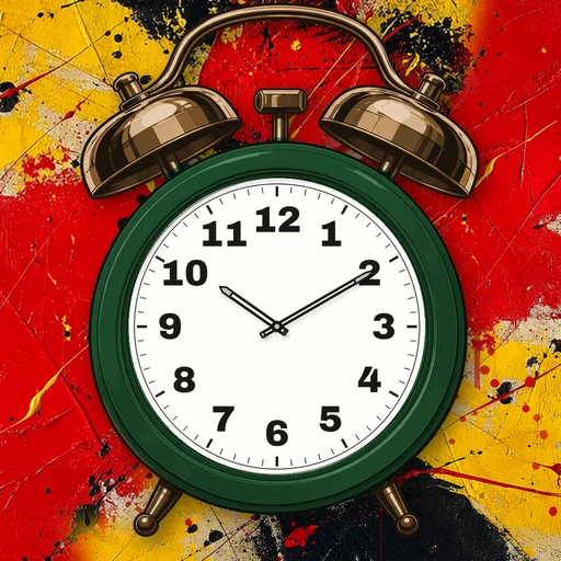 Twin-bell alarm clock in brushed metal forest green, white dial, on an abstract ink background