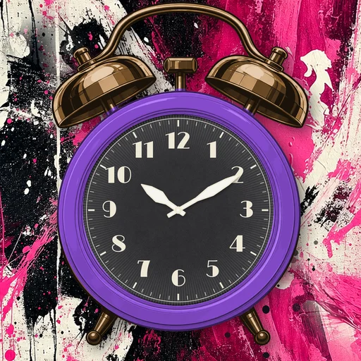 Twin-bell alarm clock in translucent jelly purple, black dial, on an abstract ink background