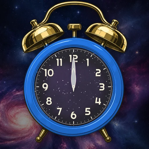 Twin-bell alarm clock in enamel electric blue, cosmic dial, on a matching cosmic scene