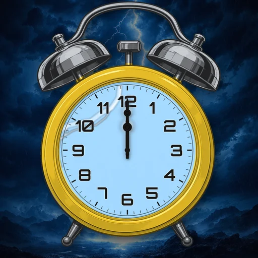 Twin-bell alarm clock in enamel yellow, lightning dial, on a matching lightning scene
