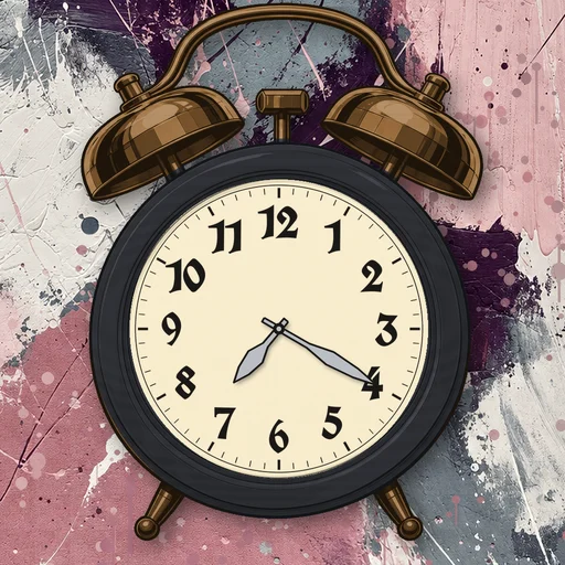 Twin-bell alarm clock in wood charcoal, cream dial, on an abstract ink background