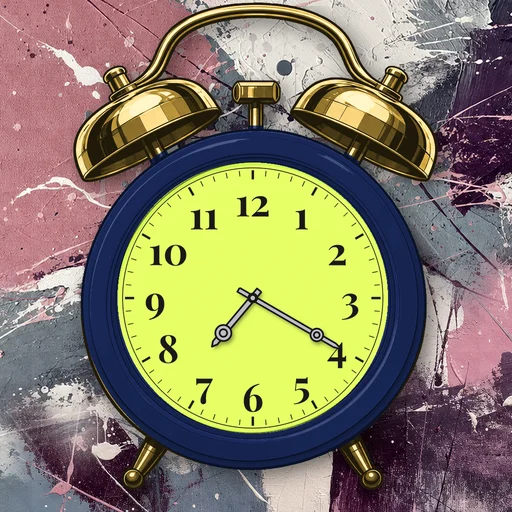 Twin-bell alarm clock in ceramic navy, lime dial, on an abstract ink background