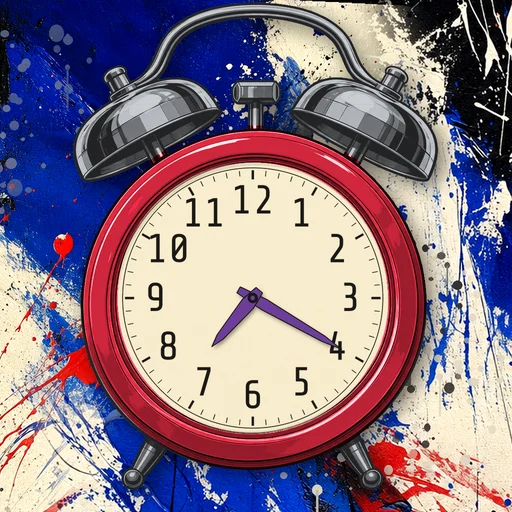 Twin-bell alarm clock in chrome cherry red, cream dial, on an abstract ink background