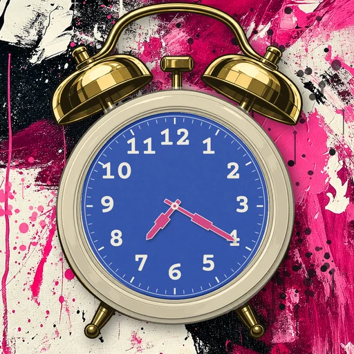 Twin-bell alarm clock in ceramic cream, blue dial, on an abstract ink background