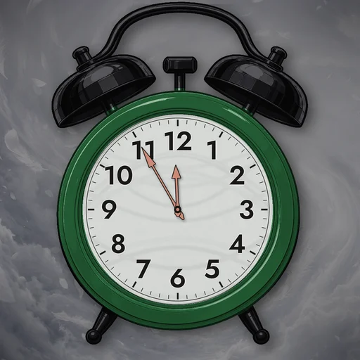 Twin-bell alarm clock in enamel forest green, wind dial, on a matching wind scene
