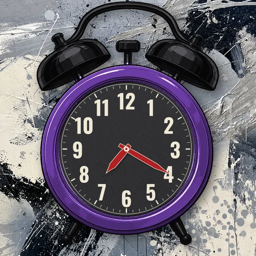 Twin-bell alarm clock in chrome purple, black dial, on an abstract ink background