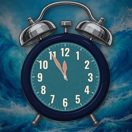 Twin-bell alarm clock in brushed metal midnight blue, water dial, on a matching water scene
