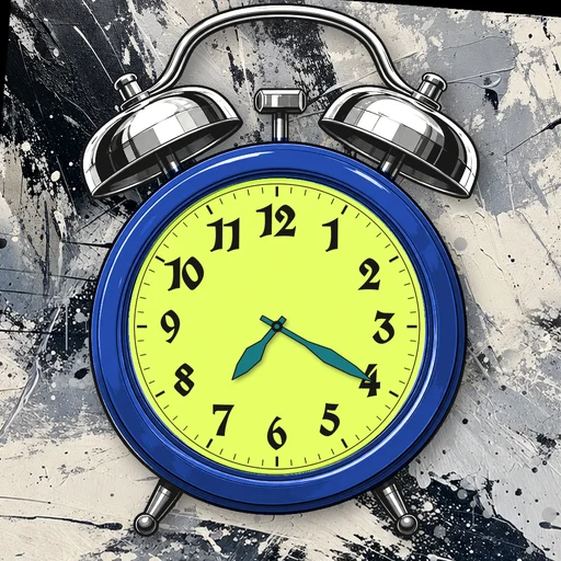 Twin-bell alarm clock in chrome cobalt blue, lime dial, on an abstract ink background