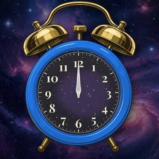Twin-bell alarm clock in enamel electric blue, cosmic dial, on a matching cosmic scene