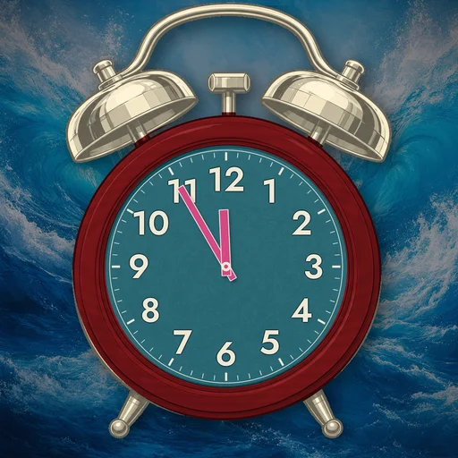 Twin-bell alarm clock in wood deep red, water dial, on a matching water scene